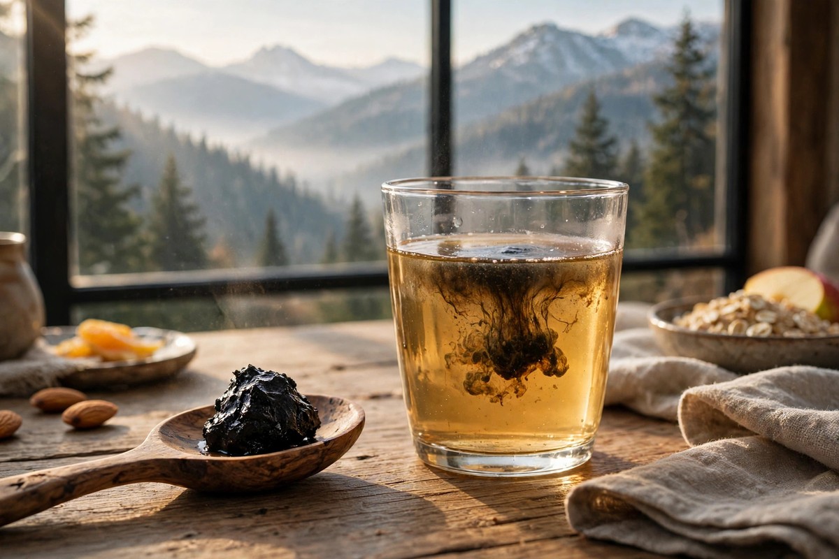Shilajit resin on a wooden spoon dissolving in a glass of warm water for daily use