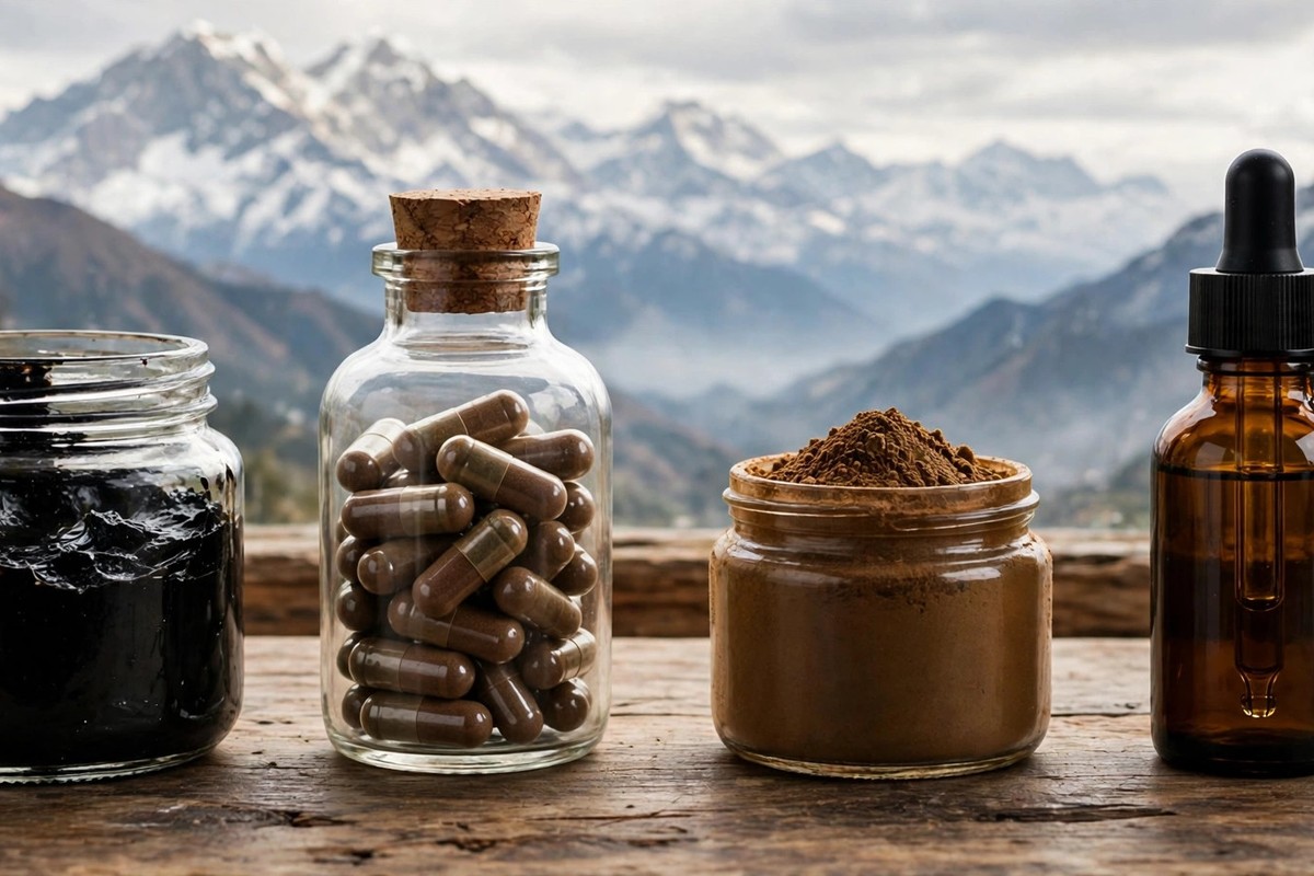 Four forms of K2 Himalayan Shilajit compared: resin jar, capsules, powder and liquid drops on a wooden table