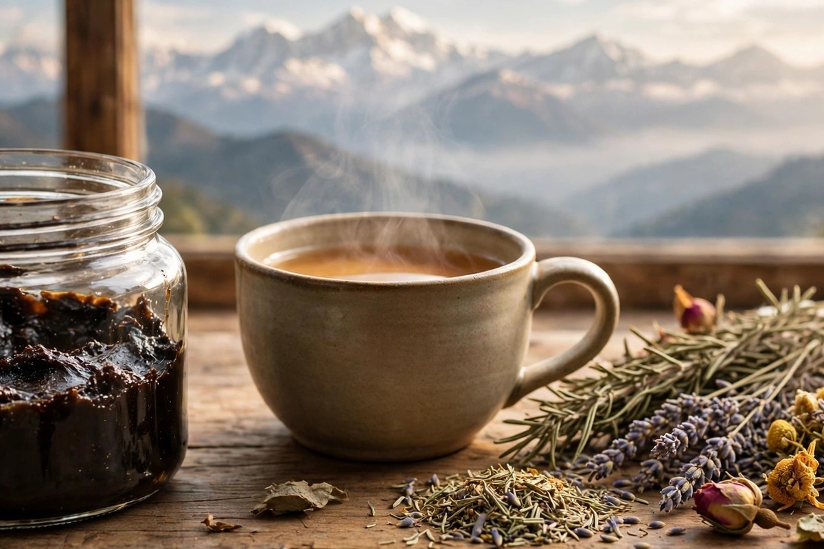 Jar of pure shilajit resin beside a cup of warm tea