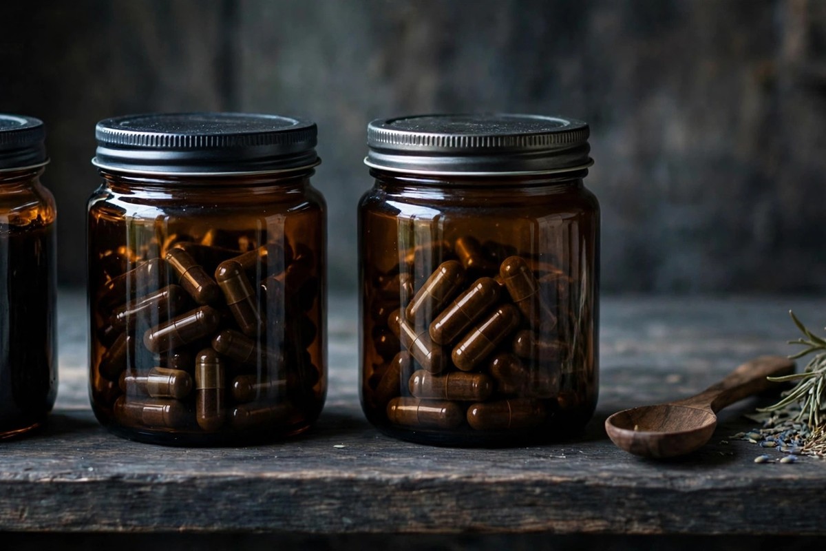 Sealed amber jars of shilajit stored on a dark shelf