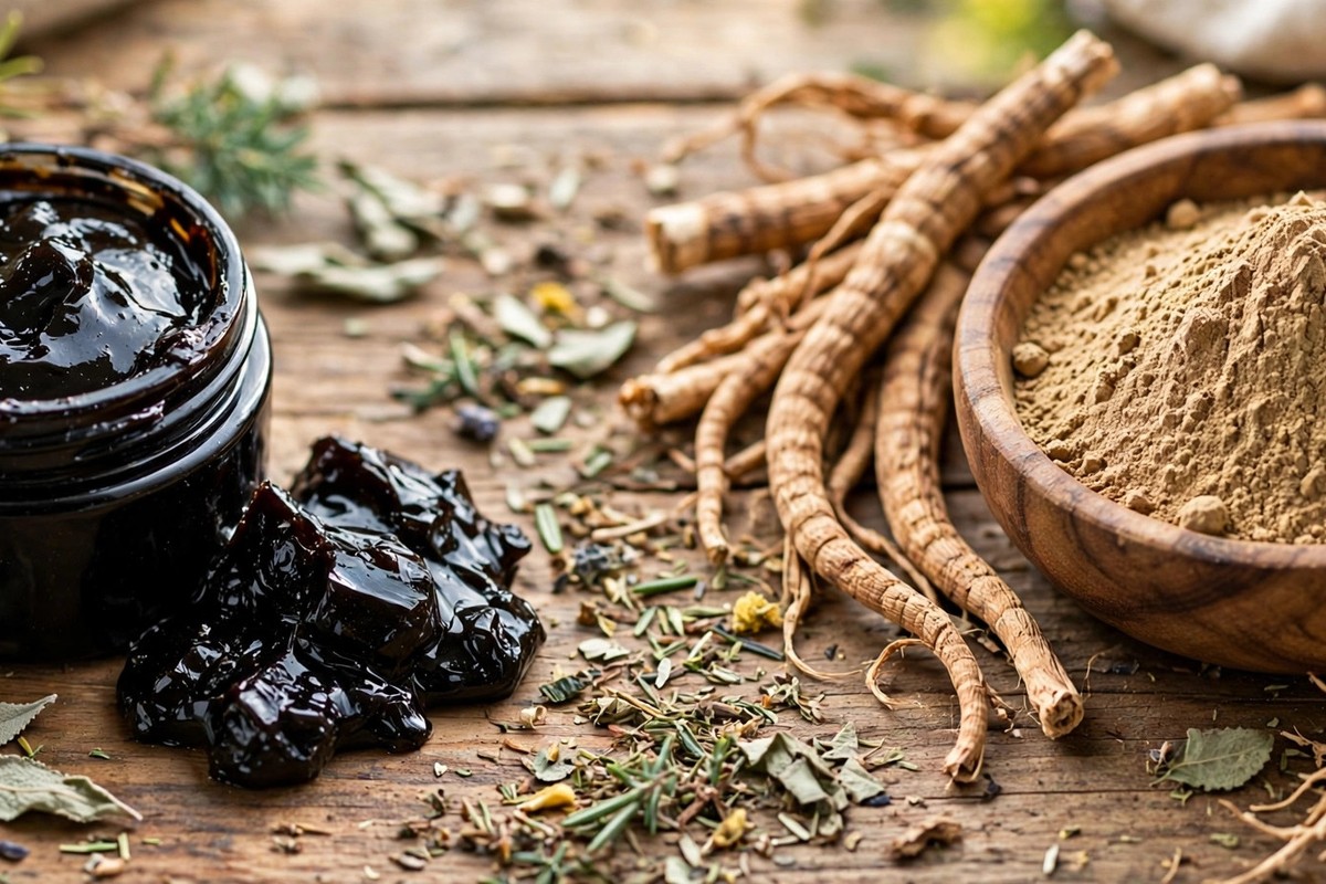 Shilajit resin beside ashwagandha powder, side by side comparison
