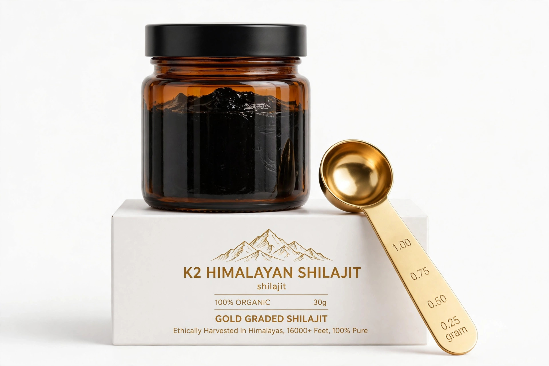 K2 Himalayan Shilajit resin jar and box, 30g, gold graded